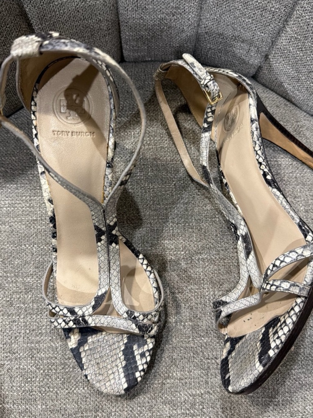Tory Burch Black & White Snake-Print Leather Ankle-Strap Heels